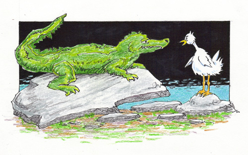 cartoon of alligator threatening chicken